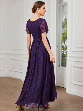 Größe Nach Maß Kurzärmliges Spitzen-Abendkleid in A-Linie mit Rüschen und V-Ausschnitt 01489