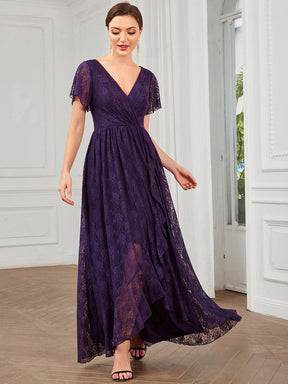 Größe Nach Maß Kurzärmliges Spitzen-Abendkleid in A-Linie mit Rüschen und V-Ausschnitt 01489