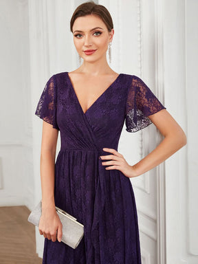 Größe Nach Maß Kurzärmliges Spitzen-Abendkleid in A-Linie mit Rüschen und V-Ausschnitt 01489
