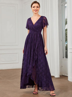 Größe Nach Maß Kurzärmliges Spitzen-Abendkleid in A-Linie mit Rüschen und V-Ausschnitt 01489