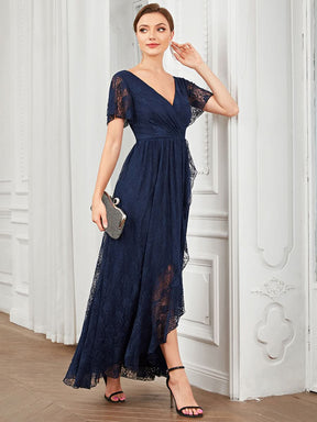 Größe Nach Maß Kurzärmliges Spitzen-Abendkleid in A-Linie mit Rüschen und V-Ausschnitt 01489