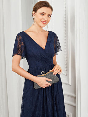 Größe Nach Maß Kurzärmliges Spitzen-Abendkleid in A-Linie mit Rüschen und V-Ausschnitt 01489