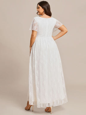 Größe Nach Maß Kurzärmliges Spitzen-Abendkleid in A-Linie mit Rüschen und V-Ausschnitt 01489