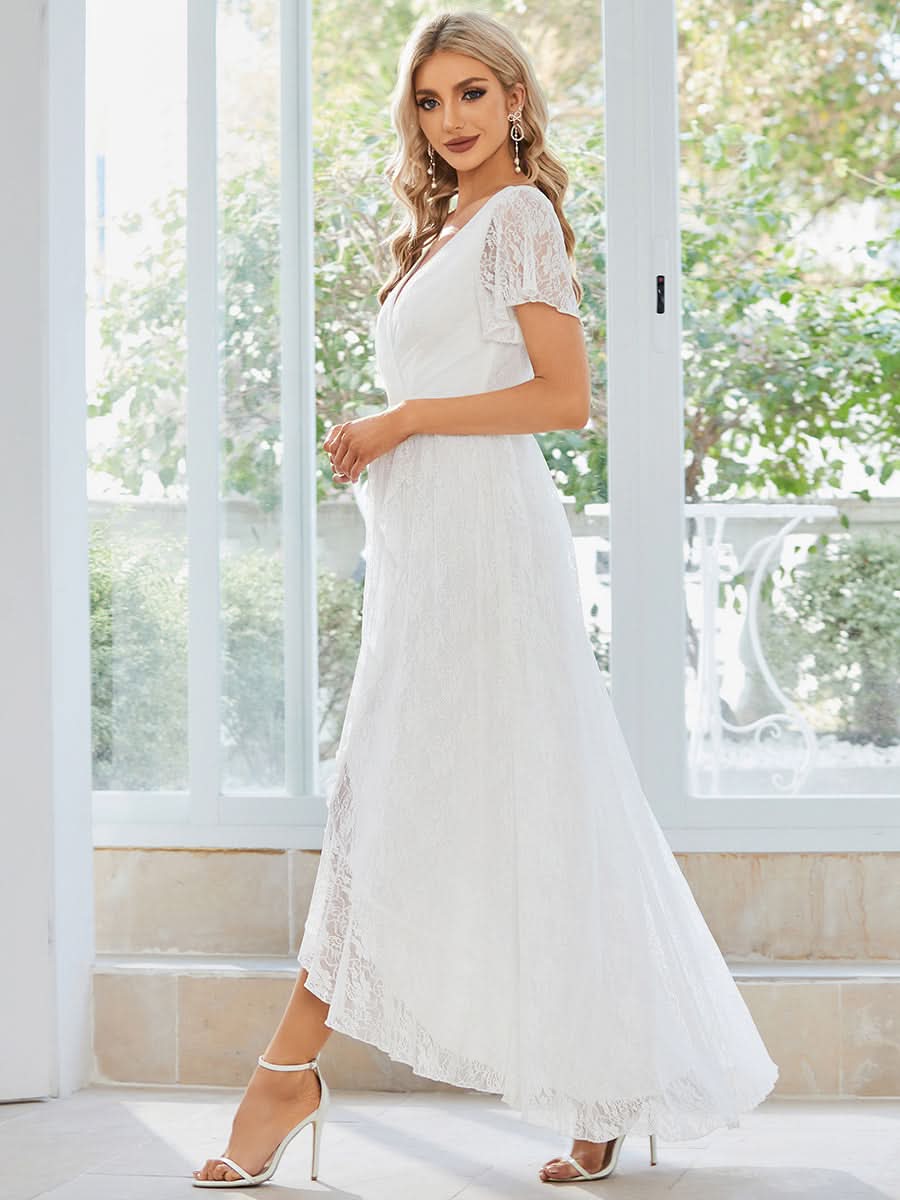 Größe Nach Maß Kurzärmliges Spitzen-Abendkleid in A-Linie mit Rüschen und V-Ausschnitt #farbe_weiss