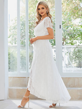 Größe Nach Maß Kurzärmliges Spitzen-Abendkleid in A-Linie mit Rüschen und V-Ausschnitt 01489