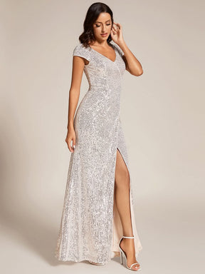 Größe Nach Maß Abendkleid mit Pailletten und V-Ausschnitt und hohem Schlitz EE01578