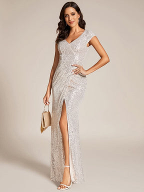 Größe Nach Maß Abendkleid mit Pailletten und V-Ausschnitt und hohem Schlitz EE01578