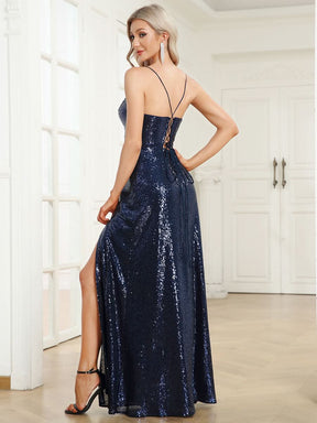 Größe Nach Maß Spaghetti-Träger Pailletten Seitenschlitz Lace-Up Figurbetonte Abendkleider EE01579
