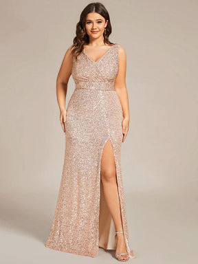 Größe Nach Maß Ärmelloses figurbetontes Pailletten-Abendkleid mit V-Ausschnitt EE01595