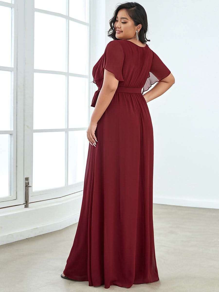 Plus Size A-Linie chiffon V-Ausschnitt Kurze Ärmel Abendkleider #farbe_Burgundy