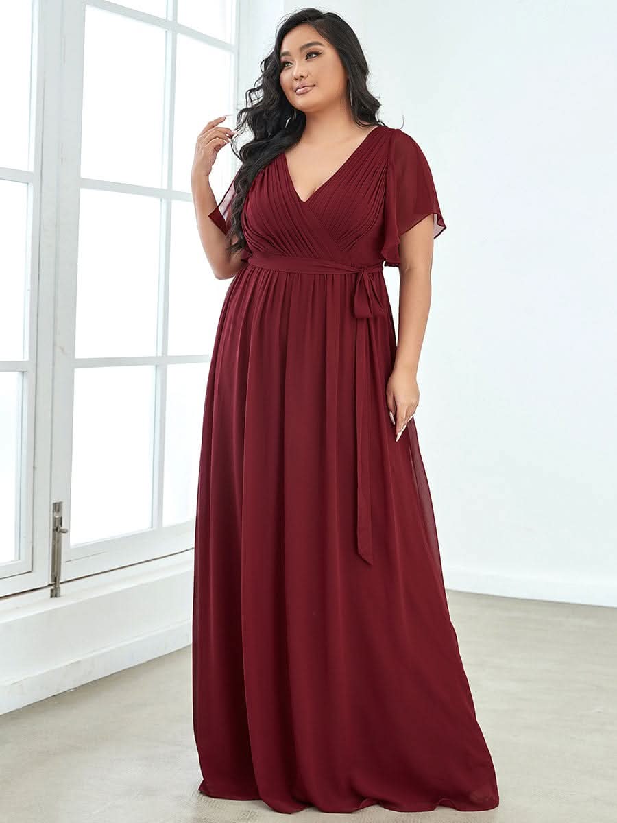 V-Ausschnitt kurze Ärmel Bodenlaenge A-Linie Chiffon Abendkleider #Farbe_Burgundy