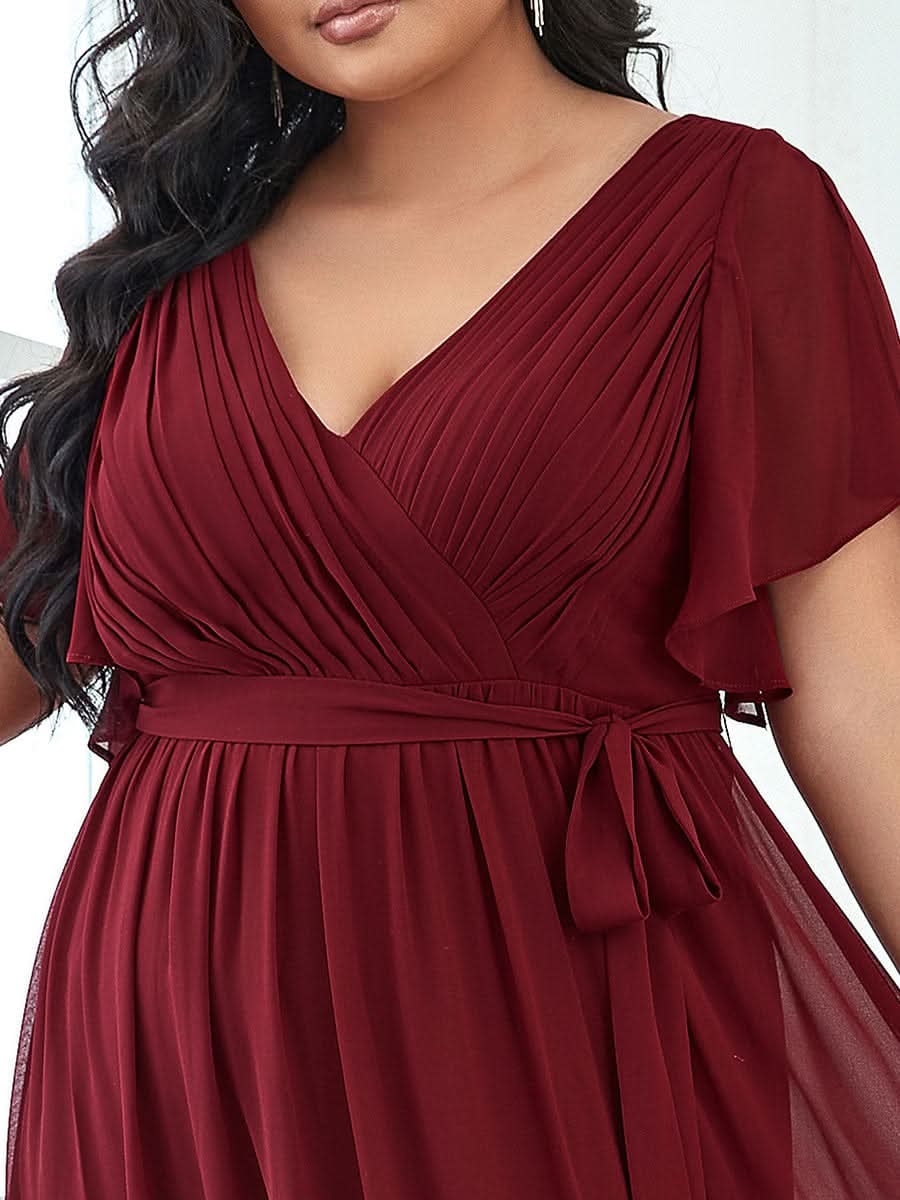 Plus Size V-Ausschnitt Bodenlaenge A-Line Hochzeitsgast Kleider #farbe_Burgundy
