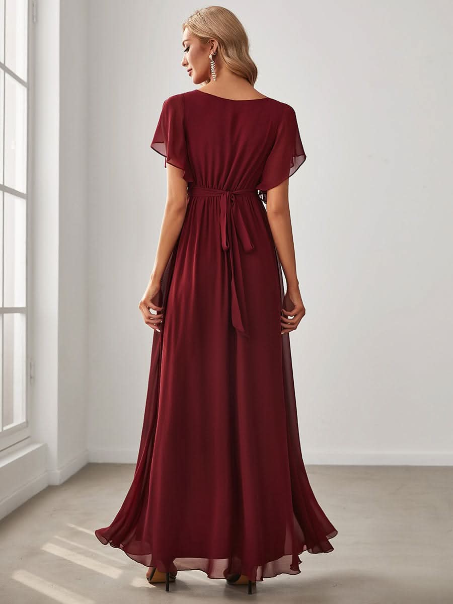 V-Ausschnitt Bodenlaenge Chiffon Brautjungfernkleider Kurze Ärmel A-Linie Kleider #Farbe_Burgundy