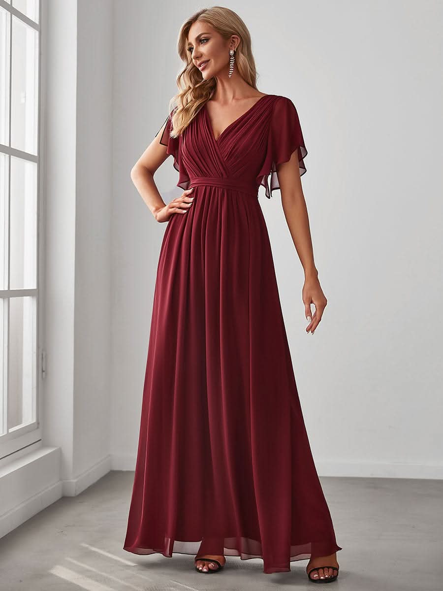 V-Ausschnitt kurze Ärmel Bodenlaenge A-Linie Chiffon Abendkleider #Farbe_Burgundy