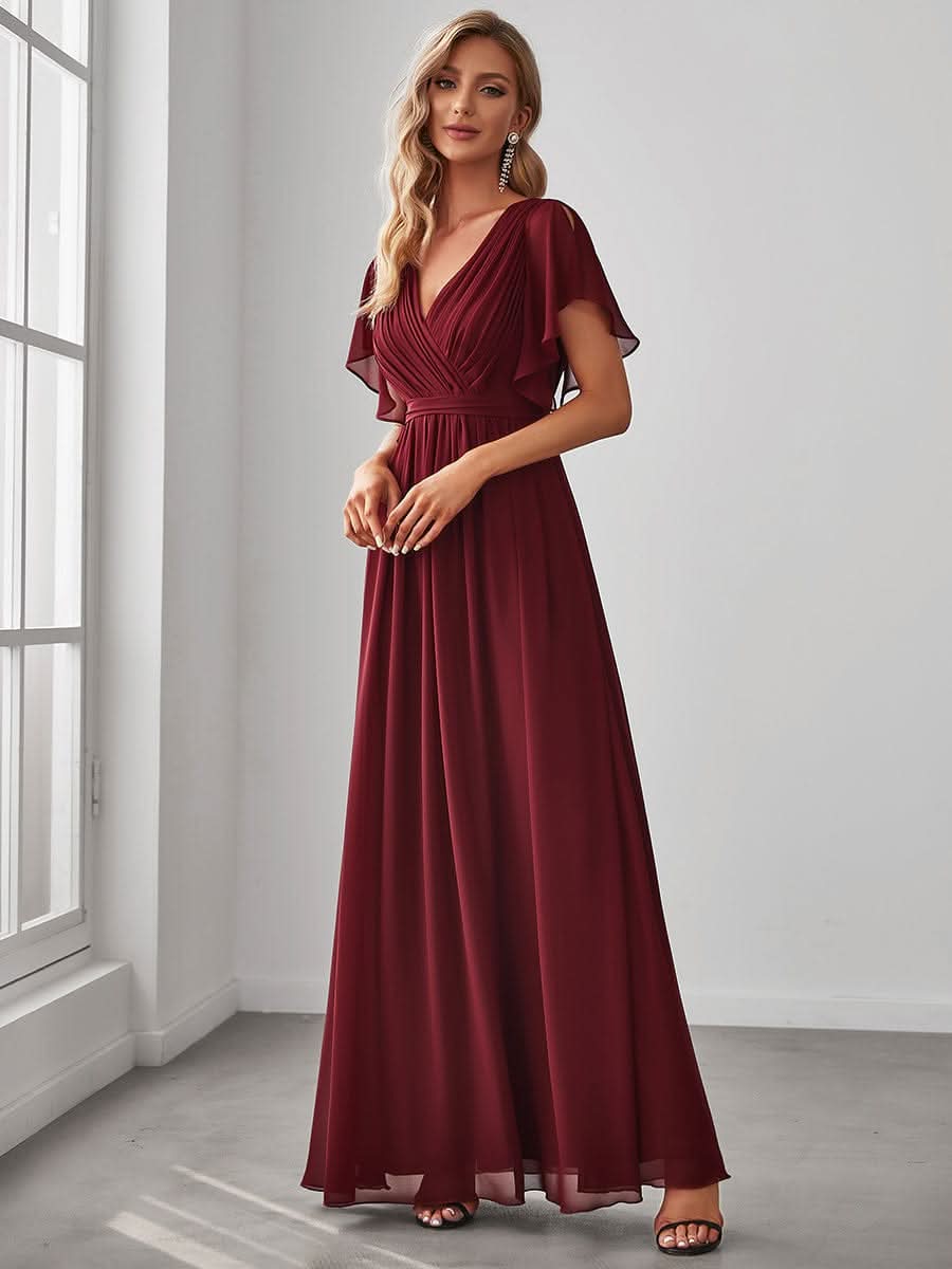 V-Ausschnitt kurze Ärmel Bodenlaenge A-Linie Chiffon Abendkleider #Farbe_Burgundy