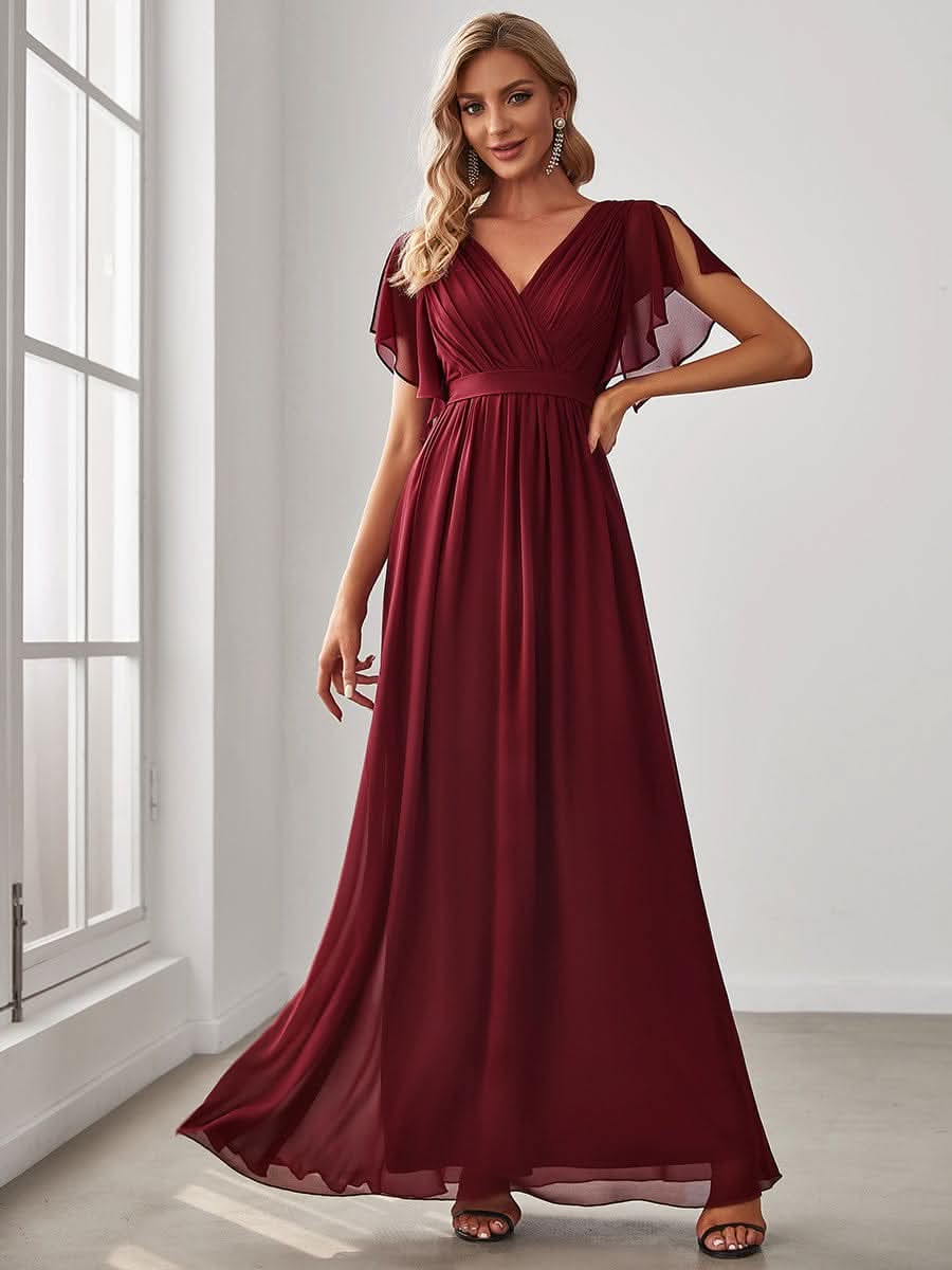 V-Ausschnitt Bodenlaenge Chiffon Brautjungfernkleider Kurze Ärmel A-Linie Kleider #Farbe_Burgundy