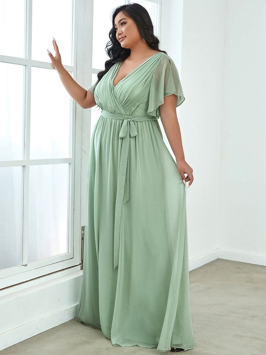 Plus Size A-Linie chiffon V-Ausschnitt Kurze Ärmel Abendkleider #farbe_Mint Gruen