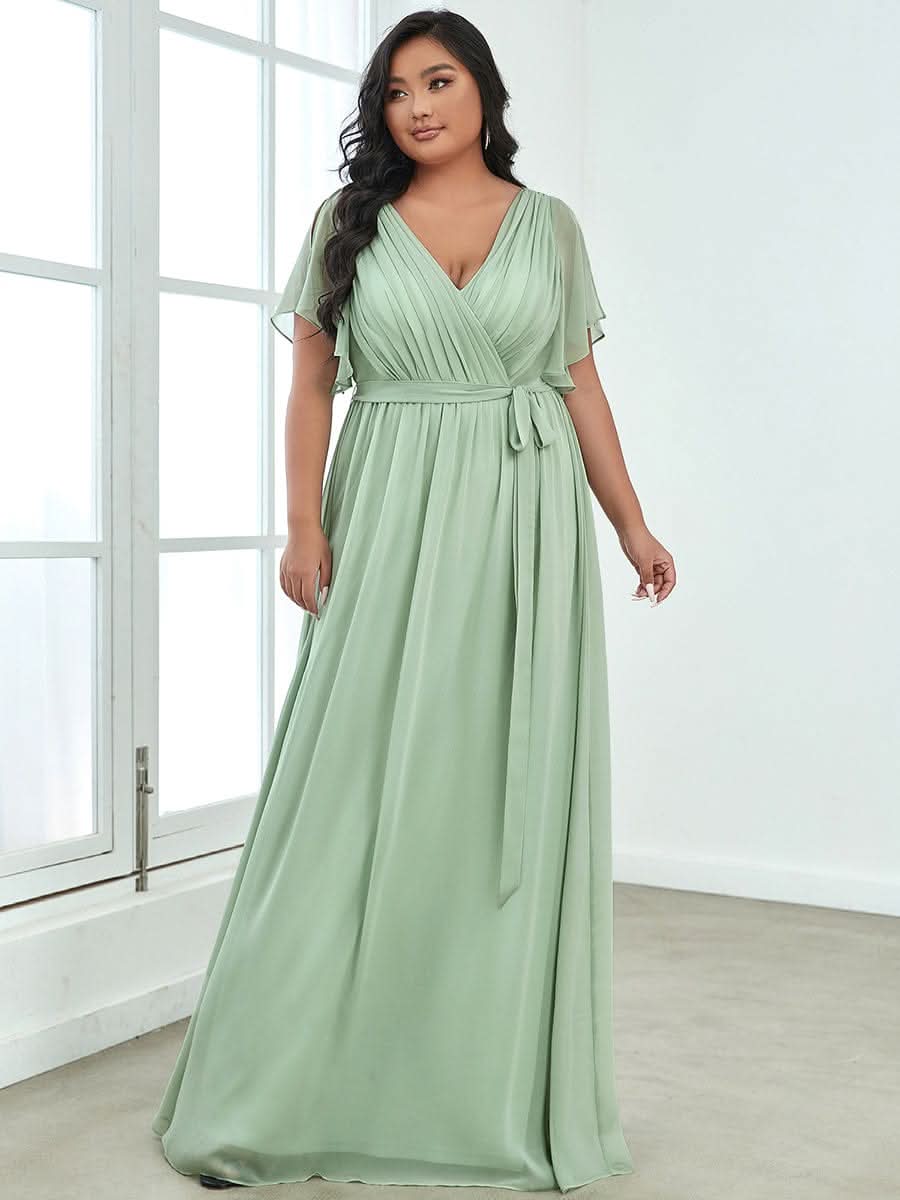 Plus Size A-Linie chiffon V-Ausschnitt Kurze Ärmel Abendkleider #farbe_Mint Gruen