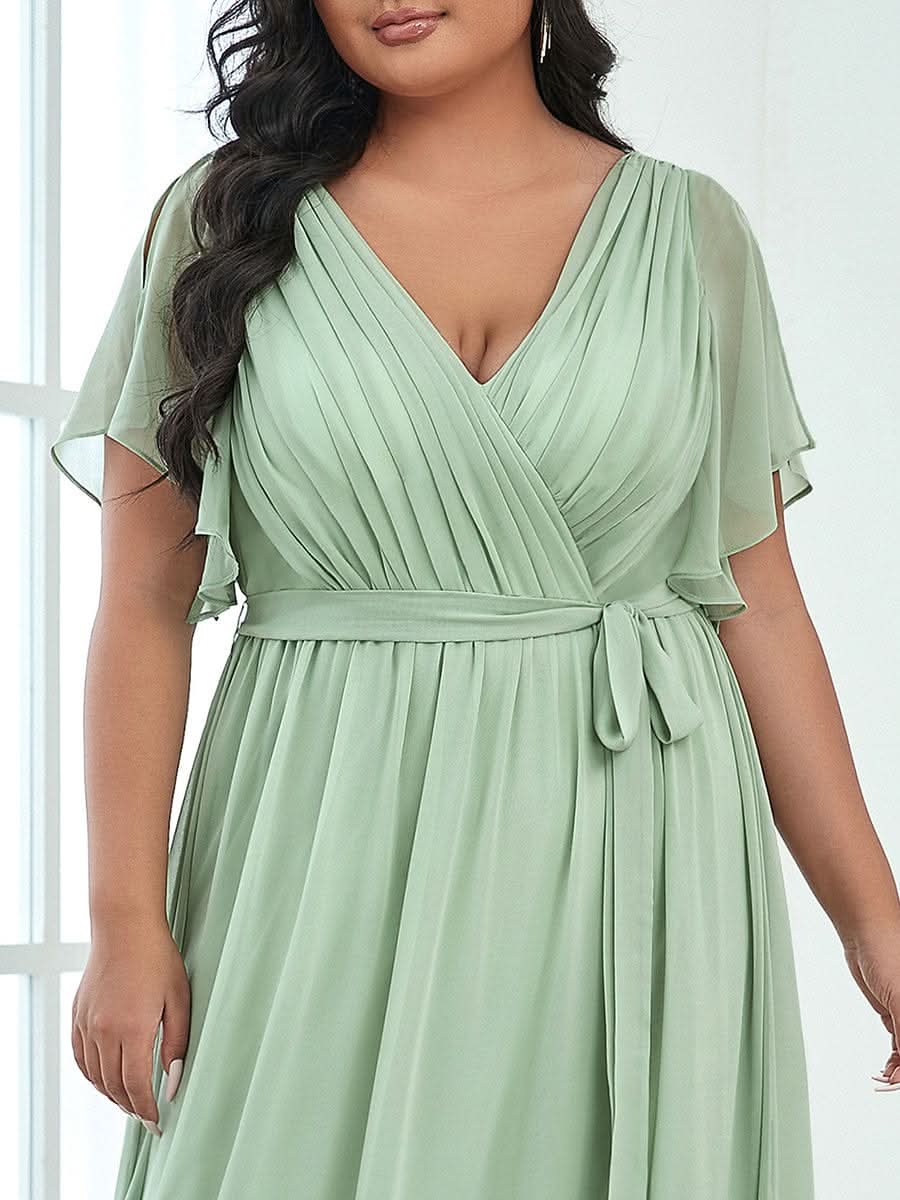 Plus Size V-Ausschnitt Bodenlaenge A-Line Hochzeitsgast Kleider #farbe_Mint Gruen