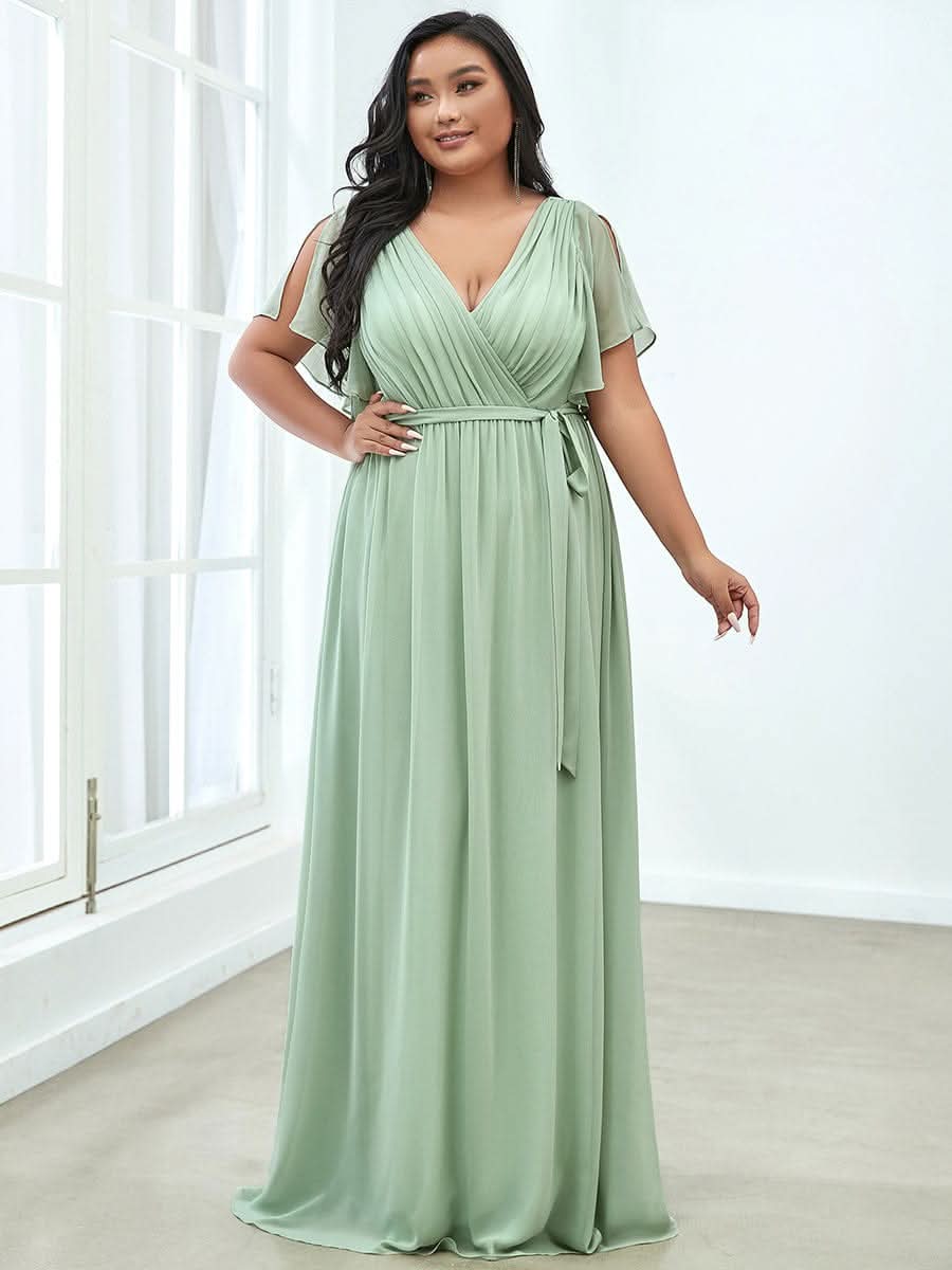 Plus Size V-Ausschnitt Bodenlaenge A-Line Hochzeitsgast Kleider #farbe_Mint Gruen