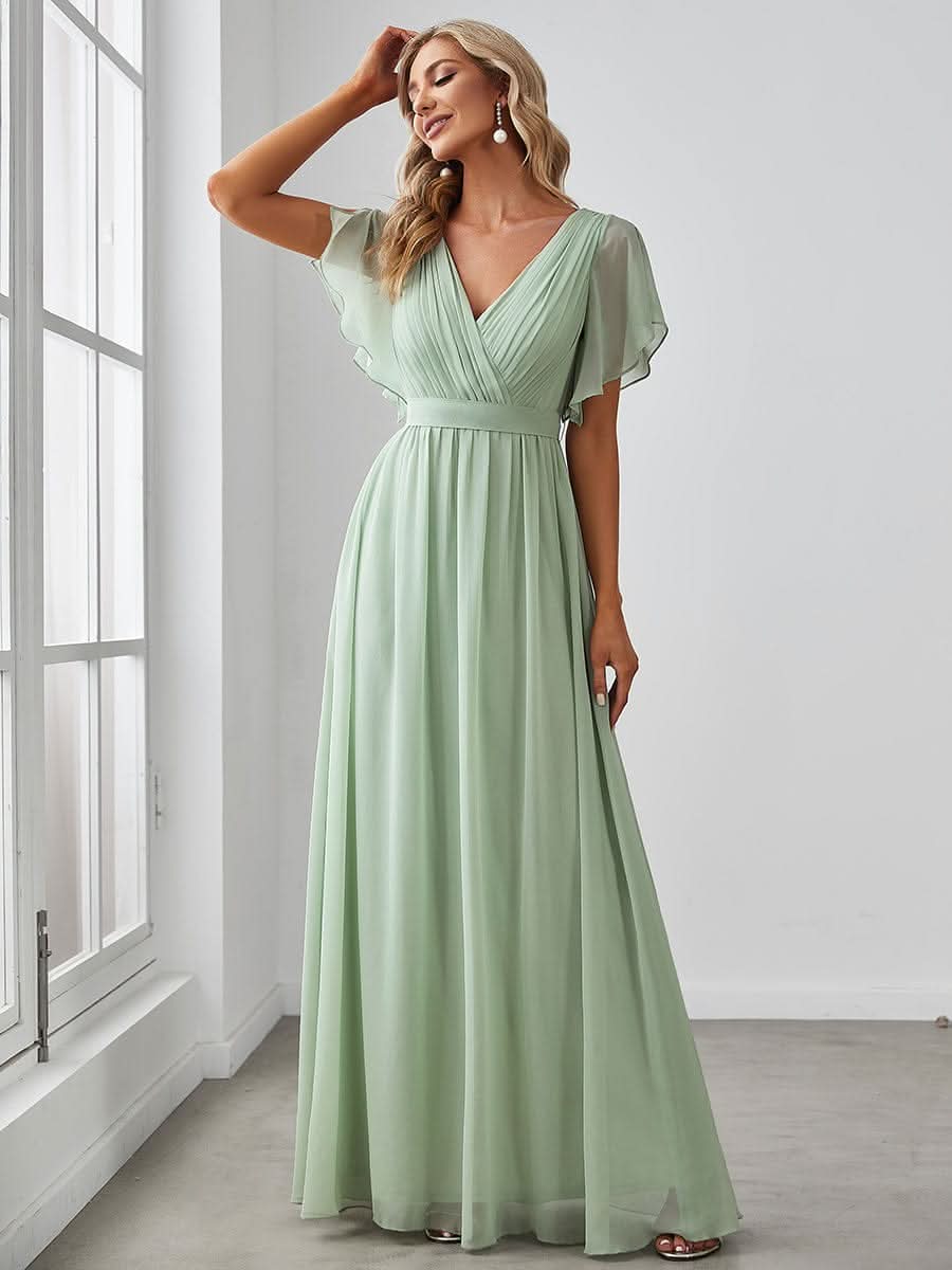 V-Ausschnitt Chiffon A-Linie Maxikleid Hochzeitsgast Kleider #Farbe_Mint Gruen