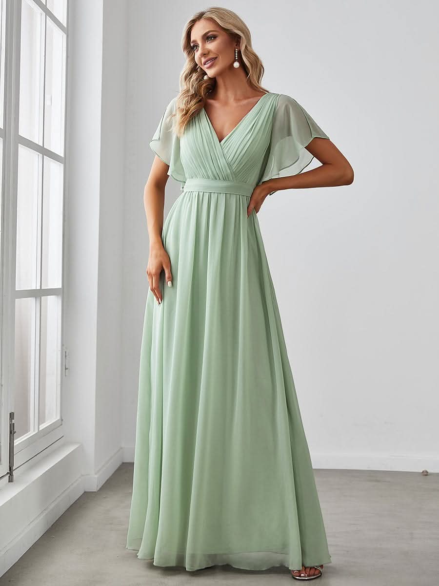 V-Ausschnitt kurze Ärmel Bodenlaenge A-Linie Chiffon Abendkleider #Farbe_Mint Gruen