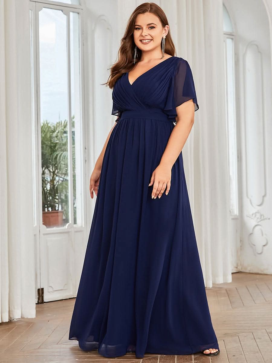 V-Ausschnitt kurze Ärmel Bodenlaenge A-Linie Chiffon Abendkleider #Farbe_Navy Blau