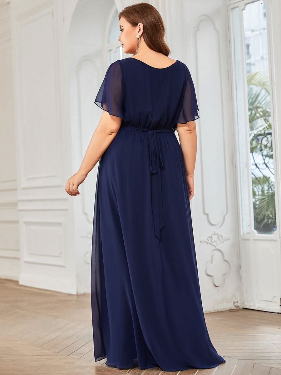 Plus Size V-Ausschnitt Bodenlaenge A-Line Hochzeitsgast Kleider #farbe_Navy Blau