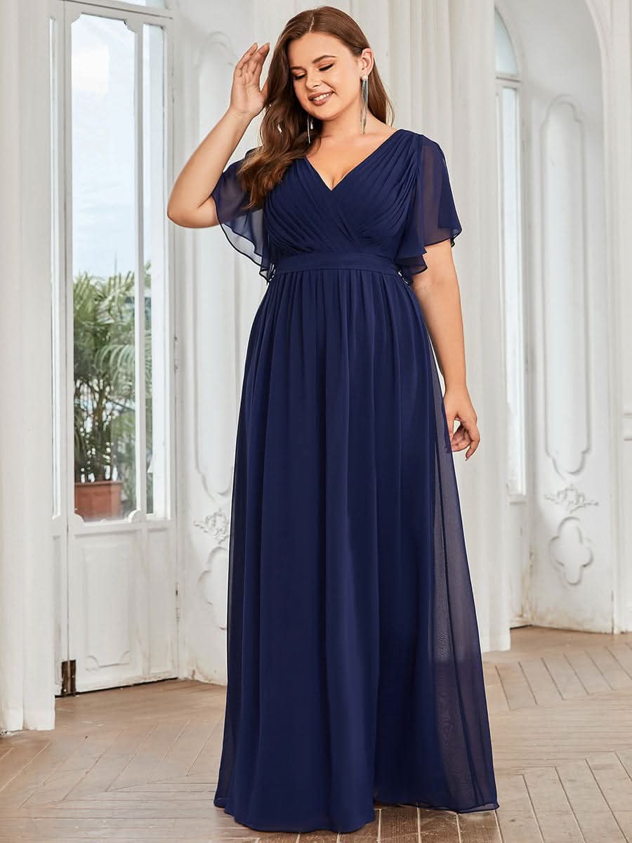 Plus Size V-Ausschnitt Bodenlaenge A-Line Hochzeitsgast Kleider #farbe_Navy Blau