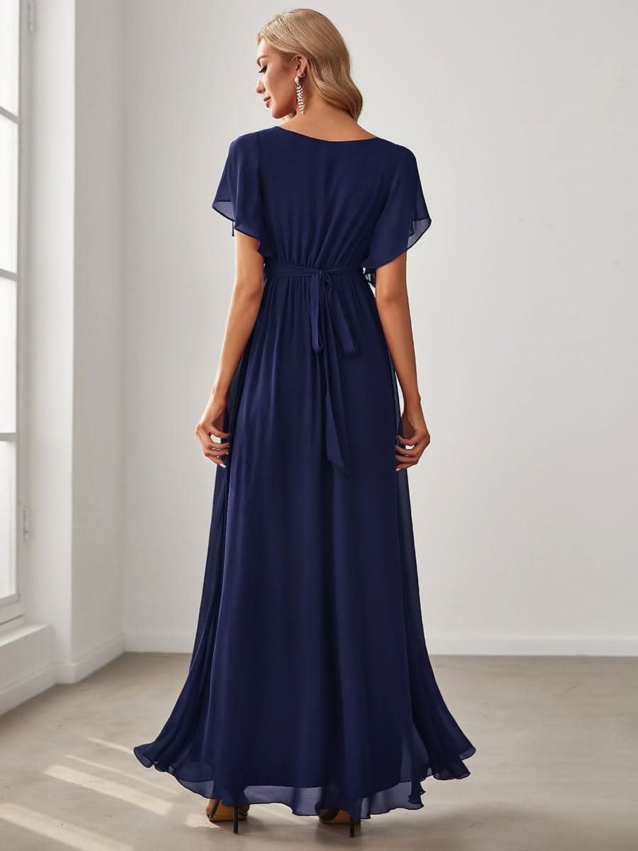 V-Ausschnitt kurze Ärmel Bodenlaenge A-Linie Chiffon Abendkleider #Farbe_Navy Blau