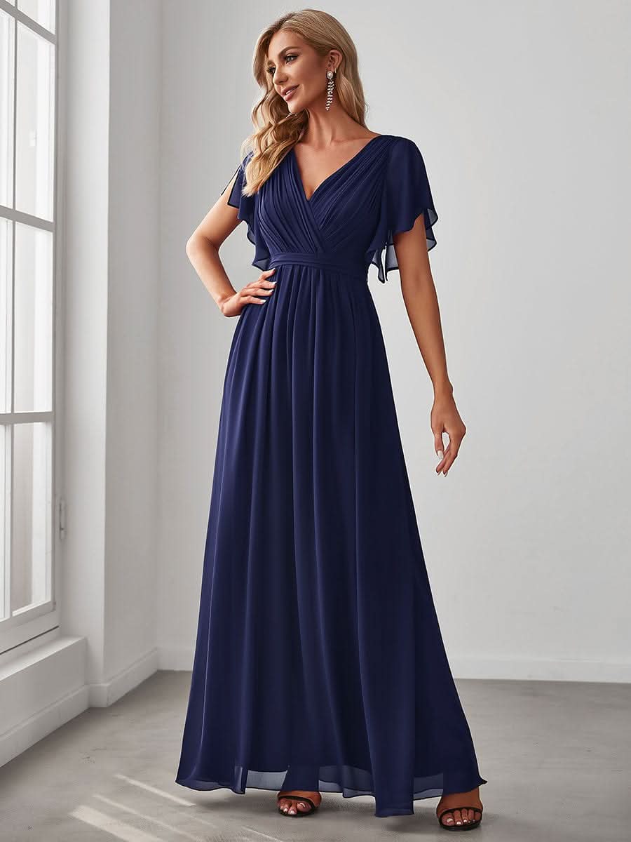 V-Ausschnitt kurze Ärmel Bodenlaenge A-Linie Chiffon Abendkleider #Farbe_Navy Blau