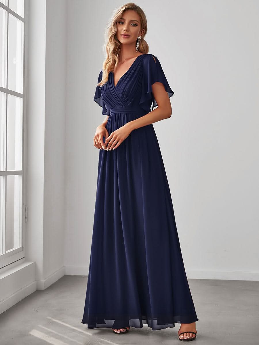 V-Ausschnitt kurze Ärmel Bodenlaenge A-Linie Chiffon Abendkleider #Farbe_Navy Blau