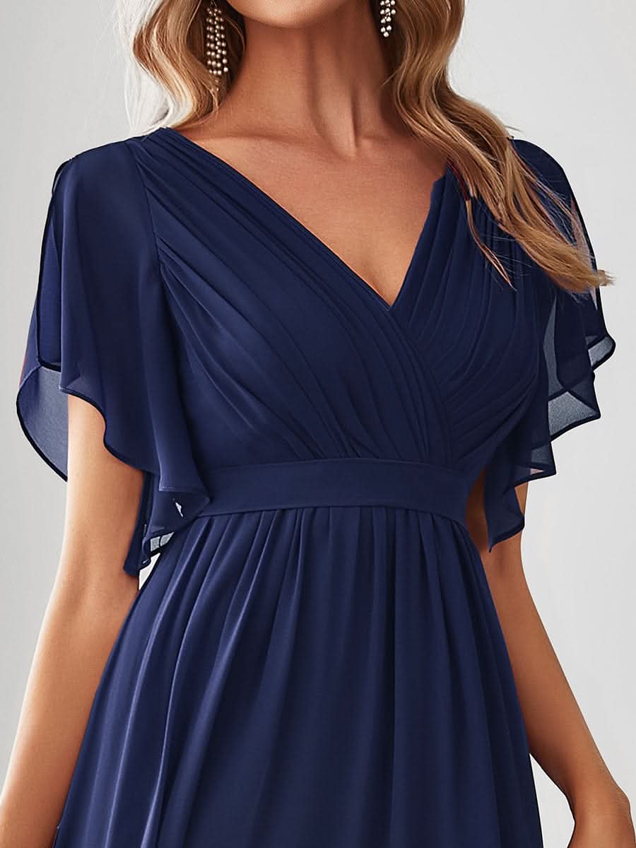 V-Ausschnitt kurze Ärmel Bodenlaenge A-Linie Chiffon Abendkleider #Farbe_Navy Blau