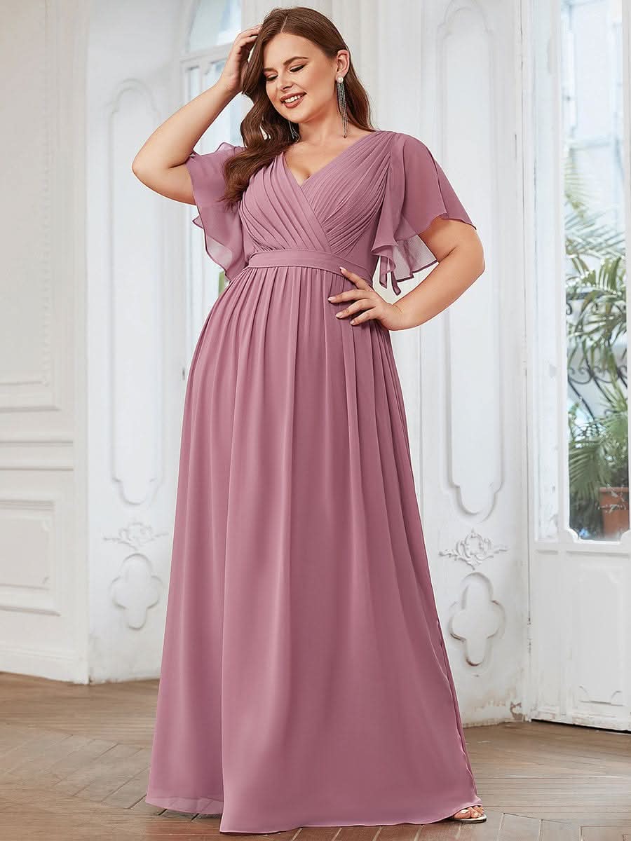 V-Ausschnitt kurze Ärmel Bodenlaenge A-Linie Chiffon Abendkleider #Farbe_Orchid