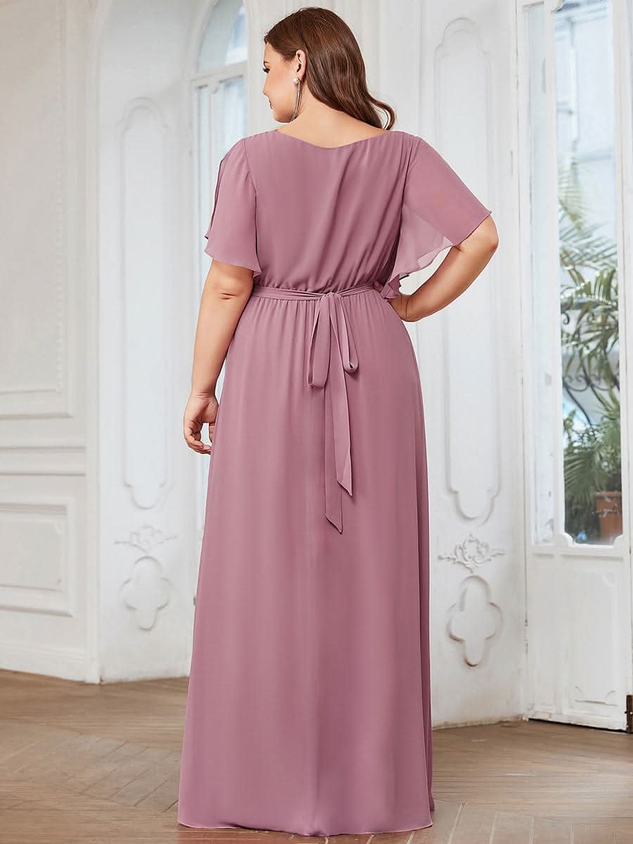 V-Ausschnitt kurze Ärmel Bodenlaenge A-Linie Chiffon Abendkleider #Farbe_Orchid