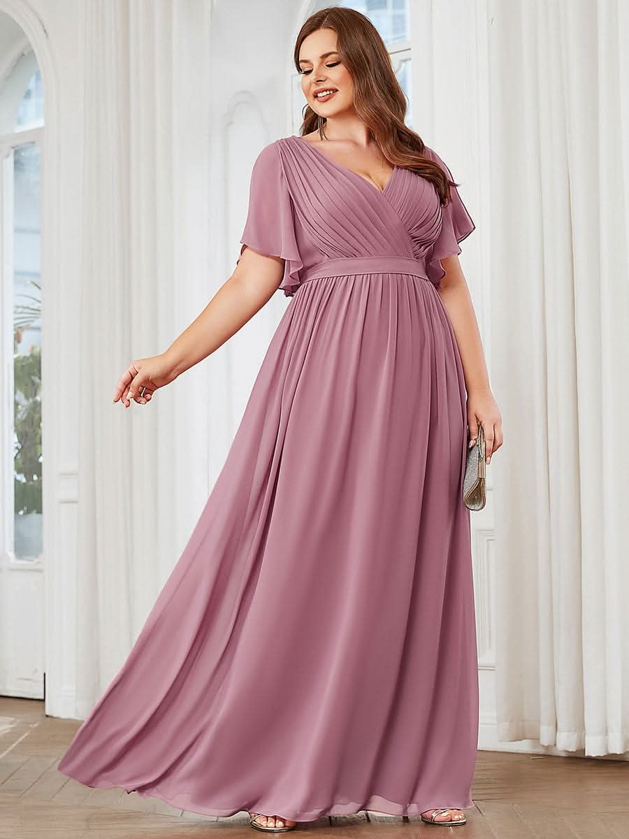 V-Ausschnitt kurze Ärmel Bodenlaenge A-Linie Chiffon Abendkleider #Farbe_Orchid