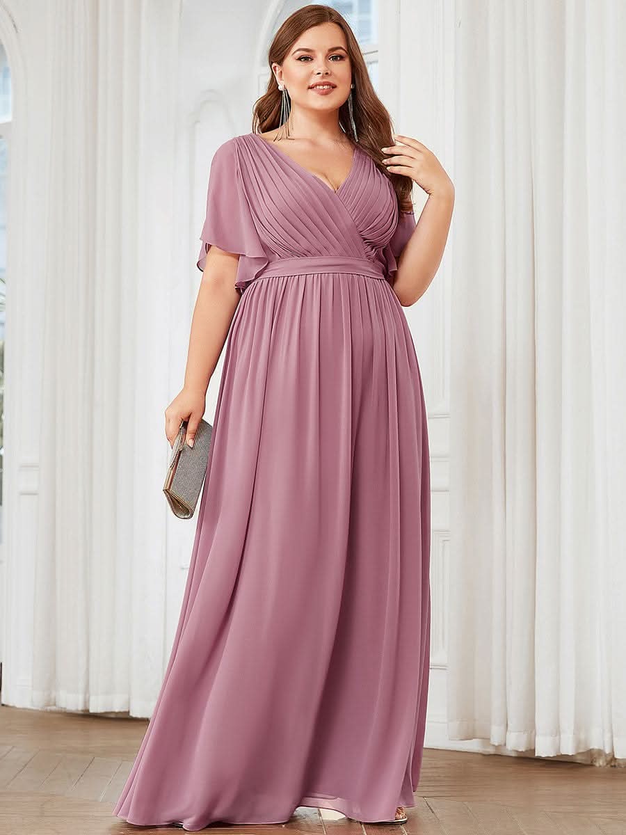V-Ausschnitt kurze Ärmel Bodenlaenge A-Linie Chiffon Abendkleider #Farbe_Orchid