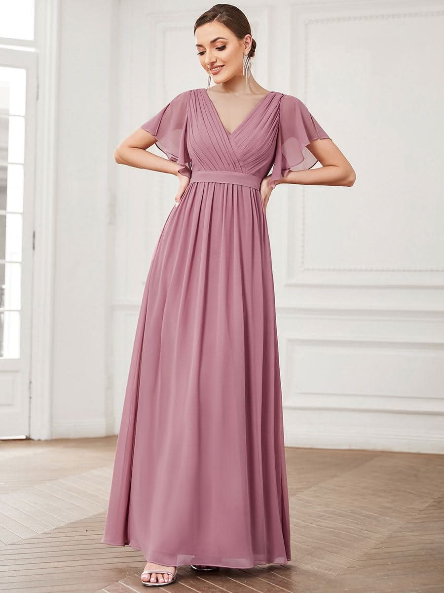 V-Ausschnitt kurze Ärmel Bodenlaenge A-Linie Chiffon Abendkleider #Farbe_Orchid