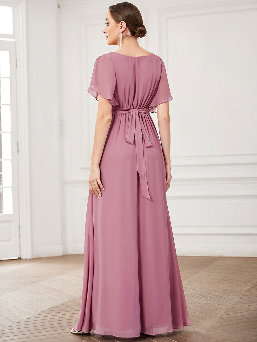 V-Ausschnitt kurze Ärmel Bodenlaenge A-Linie Chiffon Abendkleider #Farbe_Orchid