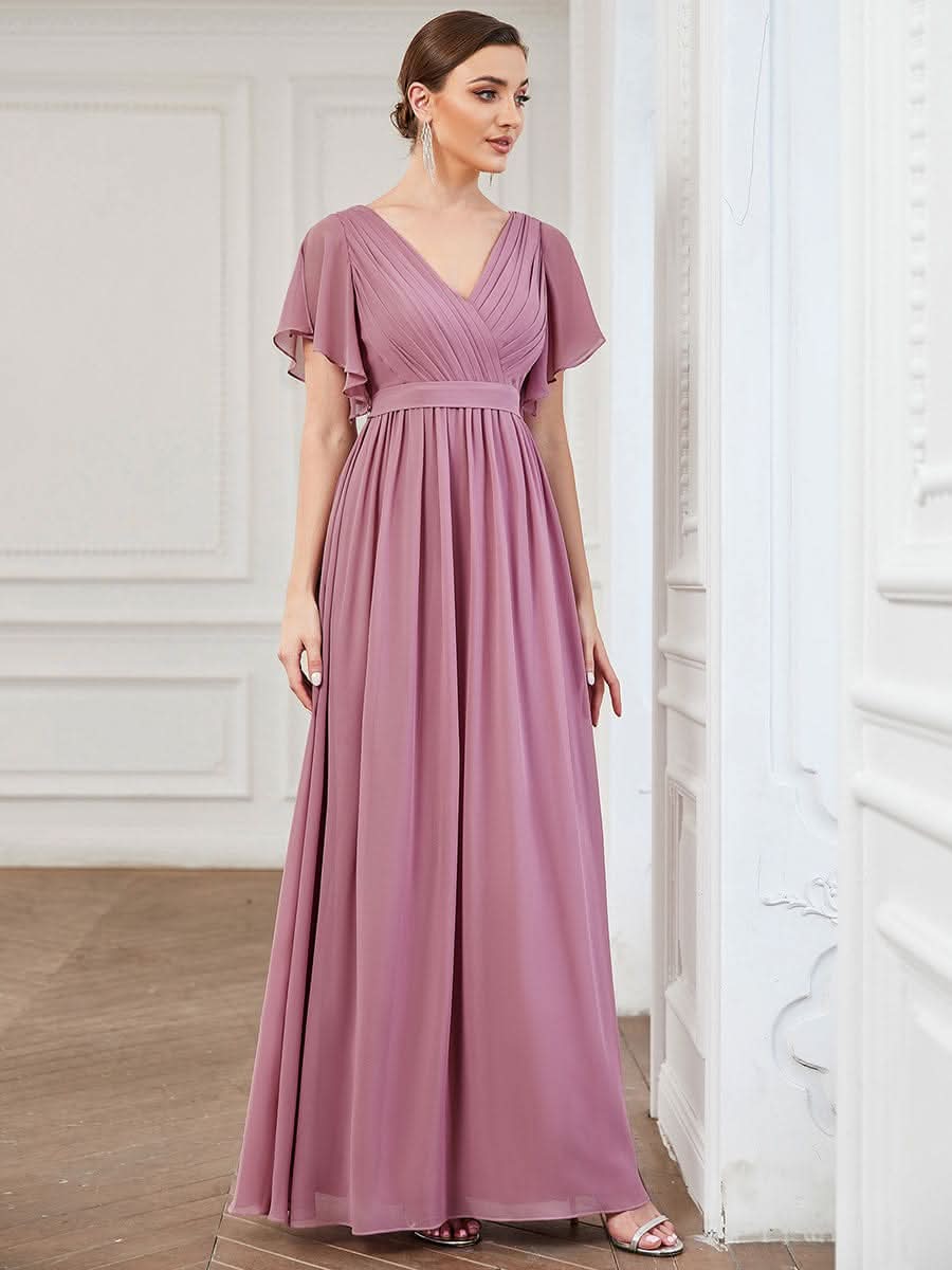 V-Ausschnitt Bodenlaenge Chiffon Brautjungfernkleider Kurze Ärmel A-Linie Kleider #Farbe_Orchid
