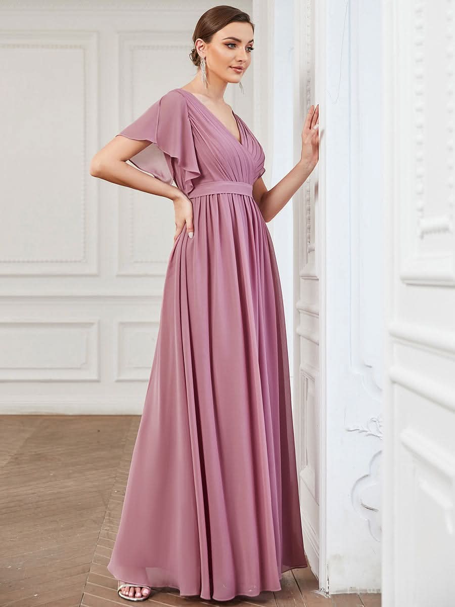 V-Ausschnitt kurze Ärmel Bodenlaenge A-Linie Chiffon Abendkleider #Farbe_Orchid