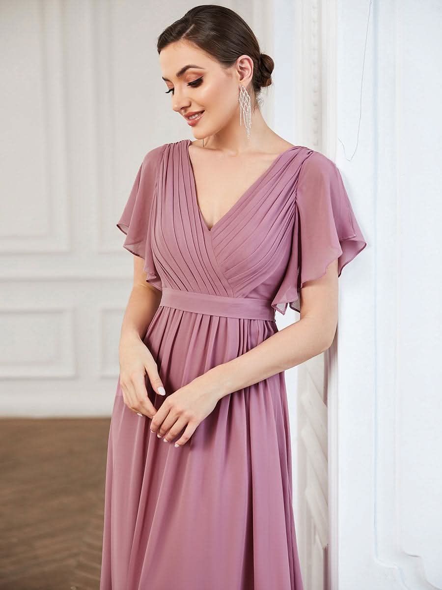 V-Ausschnitt kurze Ärmel Bodenlaenge A-Linie Chiffon Abendkleider #Farbe_Orchid
