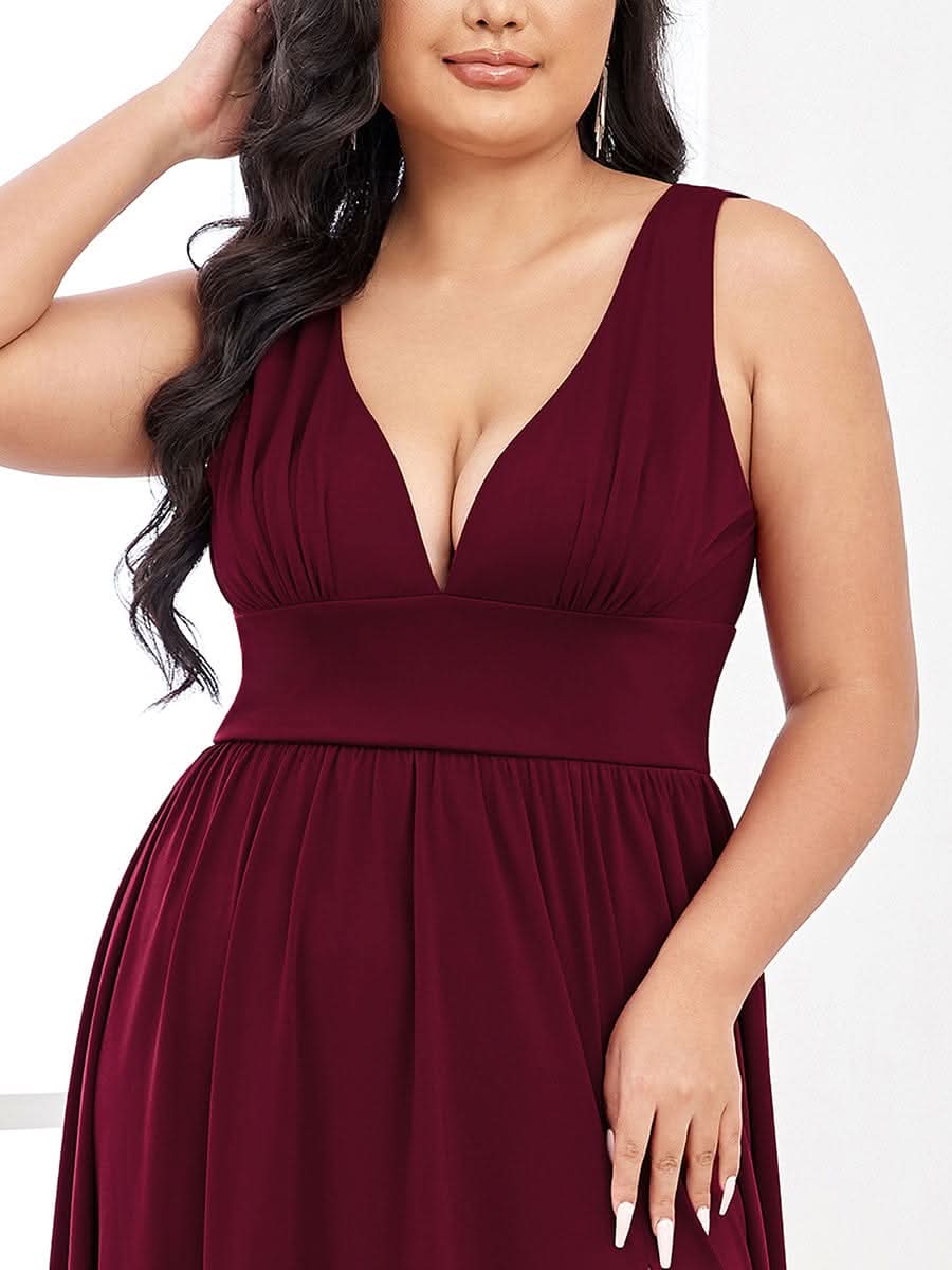 Plus Size Chiffon Spitzenkleider Sleeveless V-Ausschnitt Abendkleider #farbe_Burgundy