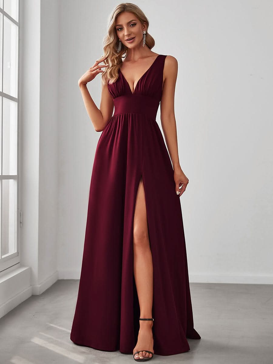 Doppelter V-Ausschnitt A-Linie Lang Ballkleid mit Schlitz Ballkleider #farbe_Burgundy