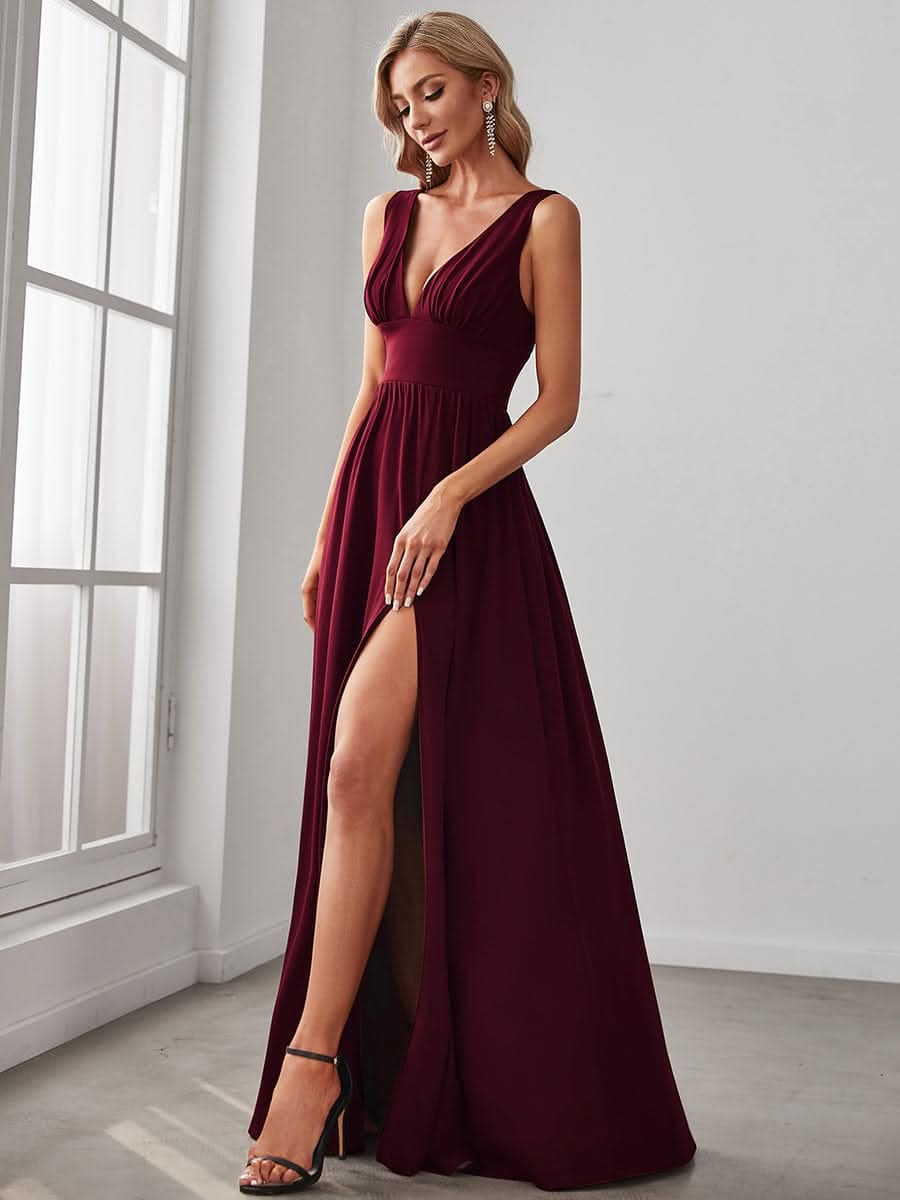 Doppelter V-Ausschnitt A-Linie Lang Ballkleid mit Schlitz Ballkleider #farbe_Burgundy