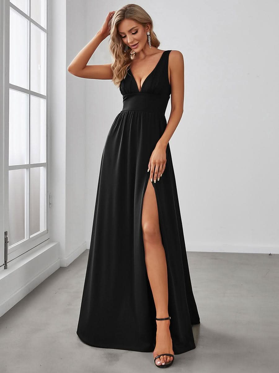 Plus Size Chiffon Spitzenkleider Sleeveless V-Ausschnitt Abendkleider #farbe_Schwarz