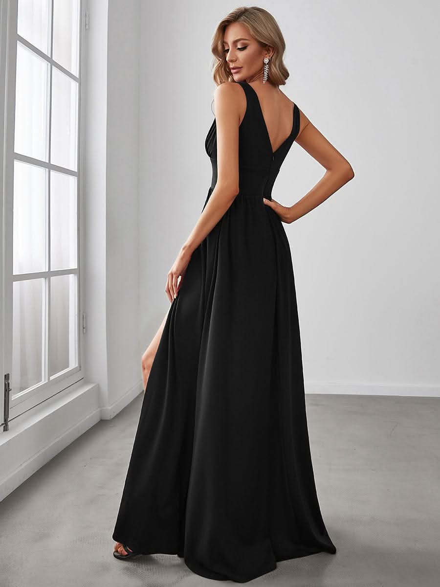 Plus Size Chiffon Spitzenkleider Sleeveless V-Ausschnitt Abendkleider #farbe_Schwarz