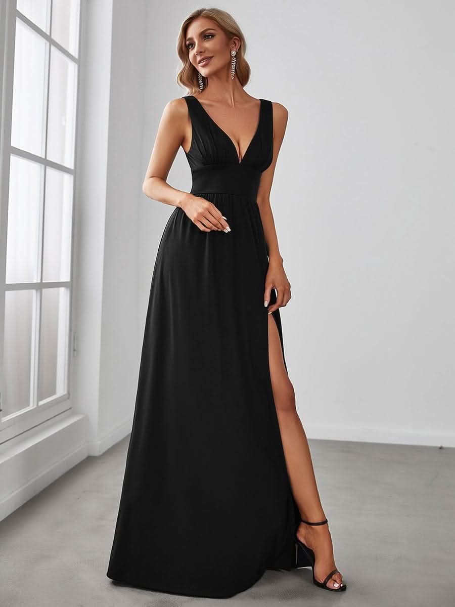Plus Size Chiffon Spitzenkleider Sleeveless V-Ausschnitt Abendkleider #farbe_Schwarz