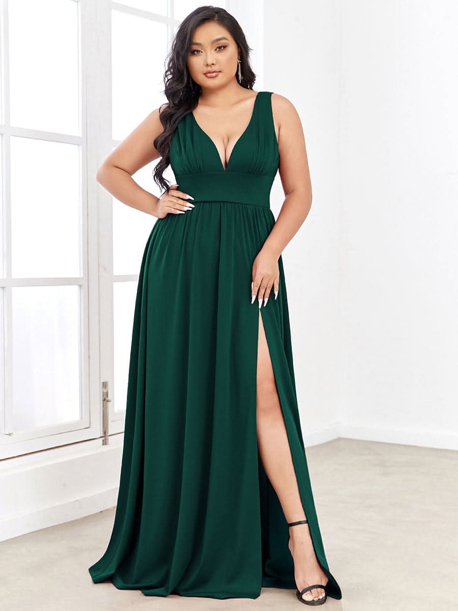 Plus Size Chiffon Spitzenkleider Sleeveless V-Ausschnitt Abendkleider #farbe_Dunkel Gruen