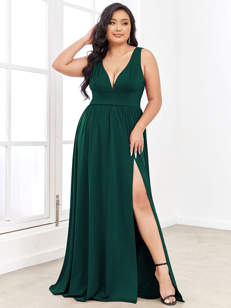 V-Ausschnitt A-Linie Lang Ballkleid mit Schlitz #farbe_Dunkel Gruen